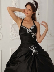 Black A-Line / Princess Halter Floor-length Taffeta Appliques Quinceanera Dress