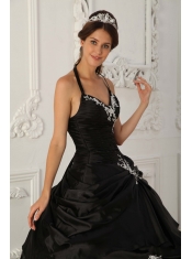 Black A-Line / Princess Halter Floor-length Taffeta Appliques Quinceanera Dress