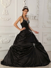 Black A-Line / Princess Halter Floor-length Taffeta Appliques Quinceanera Dress