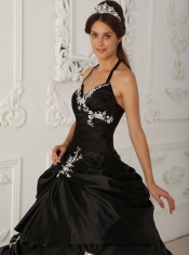 Black A-Line / Princess Halter Floor-length Taffeta Appliques Quinceanera Dress