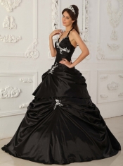 Black A-Line / Princess Halter Floor-length Taffeta Appliques Quinceanera Dress