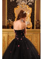 Black Ball Gown Strapless Floor-length Tulle Appliques Quinceanera Dress