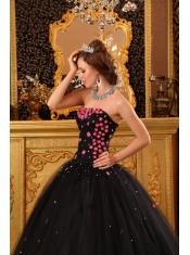 Black Ball Gown Strapless Floor-length Tulle Appliques Quinceanera Dress