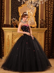 Black Ball Gown Strapless Floor-length Tulle Appliques Quinceanera Dress
