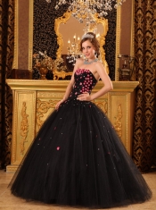 Black Ball Gown Strapless Floor-length Tulle Appliques Quinceanera Dress