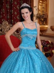 Blue Ball Gown Spaghetti Straps Floor-length Sequined Beading Quinceanera Dress