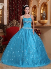 Blue Ball Gown Spaghetti Straps Floor-length Sequined Beading Quinceanera Dress