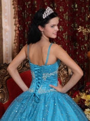 Blue Ball Gown Spaghetti Straps Floor-length Sequined Beading Quinceanera Dress