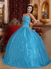 Blue Ball Gown Spaghetti Straps Floor-length Sequined Beading Quinceanera Dress