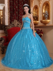 Blue Ball Gown Spaghetti Straps Floor-length Sequined Beading Quinceanera Dress