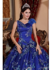 Blue Ball Gown V-neck Floor-length Satin Beading and Appliques Quinceanera Dress