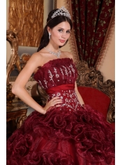 Burgundy Ball Gown Strapless Floor-length Organza Appliques Quinceanera Dress