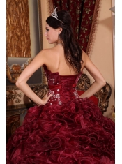 Burgundy Ball Gown Strapless Floor-length Organza Appliques Quinceanera Dress