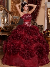 Burgundy Ball Gown Strapless Floor-length Organza Appliques Quinceanera Dress