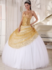 Champagne and White Ball Gown Halter Floor-length Tulle   and Sequin Appliques Quinceanera Dress