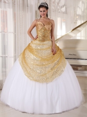 Champagne and White Ball Gown Halter Floor-length Tulle   and Sequin Appliques Quinceanera Dress