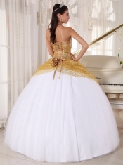 Champagne and White Ball Gown Halter Floor-length Tulle   and Sequin Appliques Quinceanera Dress