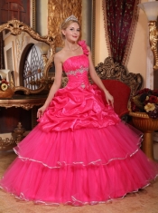 Coral Red Ball Gown One Shoulder Floor-length Organza   Beading and Pick-ups Quinceanera Dress