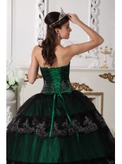 Dark Green Ball Gown Strapless Floor-length Taffeta and Tulle Appliques Quinceanera Dress
