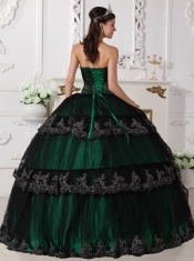 Dark Green Ball Gown Strapless Floor-length Taffeta and Tulle Appliques Quinceanera Dress