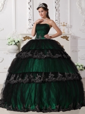 Dark Green Ball Gown Strapless Floor-length Taffeta and Tulle Appliques Quinceanera Dress