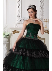 Dark Green Ball Gown Strapless Floor-length Taffeta and Tulle Appliques Quinceanera Dress