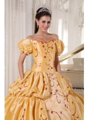 Gold Ball Gown Off The Shoulder Floor-length Taffeta Embroidery Quinceanera Dress