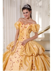 Gold Ball Gown Off The Shoulder Floor-length Taffeta Embroidery Quinceanera Dress