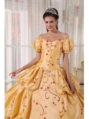 Gold Ball Gown Off The Shoulder Floor-length Taffeta Embroidery Quinceanera Dress