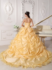 Gold Taffeta Beading Strapless Ball Gown with Chapel Train Quinceanera Dress