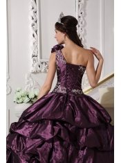 Grape Ball Gown One Shoulder Floor-length Taffeta Appliques and Pick-ups Quinceanera Dress