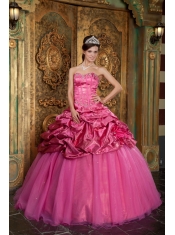 Hot Pink Ball Gown Sweetheart Floor-length Taffeta and Organza Appliques Quinceanera Dress