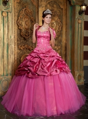 Hot Pink Ball Gown Sweetheart Floor-length Taffeta and Organza Appliques Quinceanera Dress