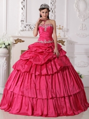 Hot Pink Ball Gown Sweetheart Floor-length Taffeta Beading and Ruch Detachable Quinceanera Dress