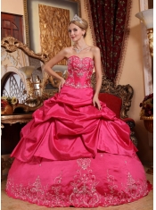 Hot Pink Ball Gown Sweetheart Floor-length Taffeta Embroidery with Beading Quinceanera Dress