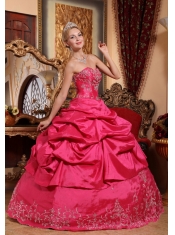 Hot Pink Ball Gown Sweetheart Floor-length Taffeta Embroidery with Beading Quinceanera Dress