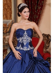 Navy Blue Ball Gown Sweetheart Floor-length Satin Appliques Quinceanera Dress