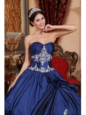 Navy Blue Ball Gown Sweetheart Floor-length Satin Appliques Quinceanera Dress