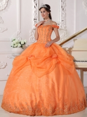 Orange Ball Gown Off The Shoulder Floor-length Taffeta and Organza Appliques and Hand Made Flowers Quinceanera Dress