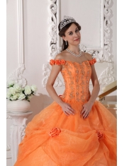 Orange Ball Gown Off The Shoulder Floor-length Taffeta and Organza Appliques and Hand Made Flowers Quinceanera Dress