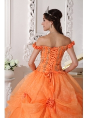 Orange Ball Gown Off The Shoulder Floor-length Taffeta and Organza Appliques and Hand Made Flowers Quinceanera Dress