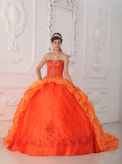 Orange Red Ball Gown Sweetheart Court Train Taffeta Beading and Appliques Quinceanera Dress