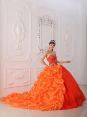 Orange Red Ball Gown Sweetheart Court Train Taffeta   Beading and Appliques Quinceanera Dress