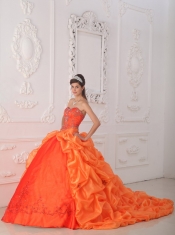 Orange Red Ball Gown Sweetheart Court Train Taffeta   Beading and Appliques Quinceanera Dress