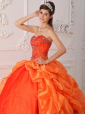 Orange Red Ball Gown Sweetheart Court Train Taffeta   Beading and Appliques Quinceanera Dress