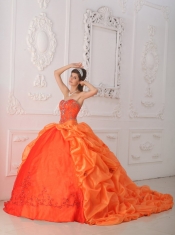 Orange Red Ball Gown Sweetheart Court Train Taffeta   Beading and Appliques Quinceanera Dress