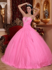 Pink Ball Gown Strapless Floor-length Tulle Beading Quinceanera Dress