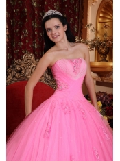 Pink Ball Gown Strapless Floor-length Tulle Beading Quinceanera Dress