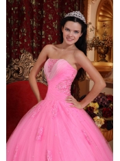 Pink Ball Gown Strapless Floor-length Tulle Beading Quinceanera Dress