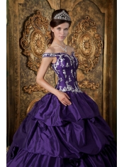 Purple Ball Gown Off The Shoulder Floor-length Taffeta Appliques Quinceanera Dress